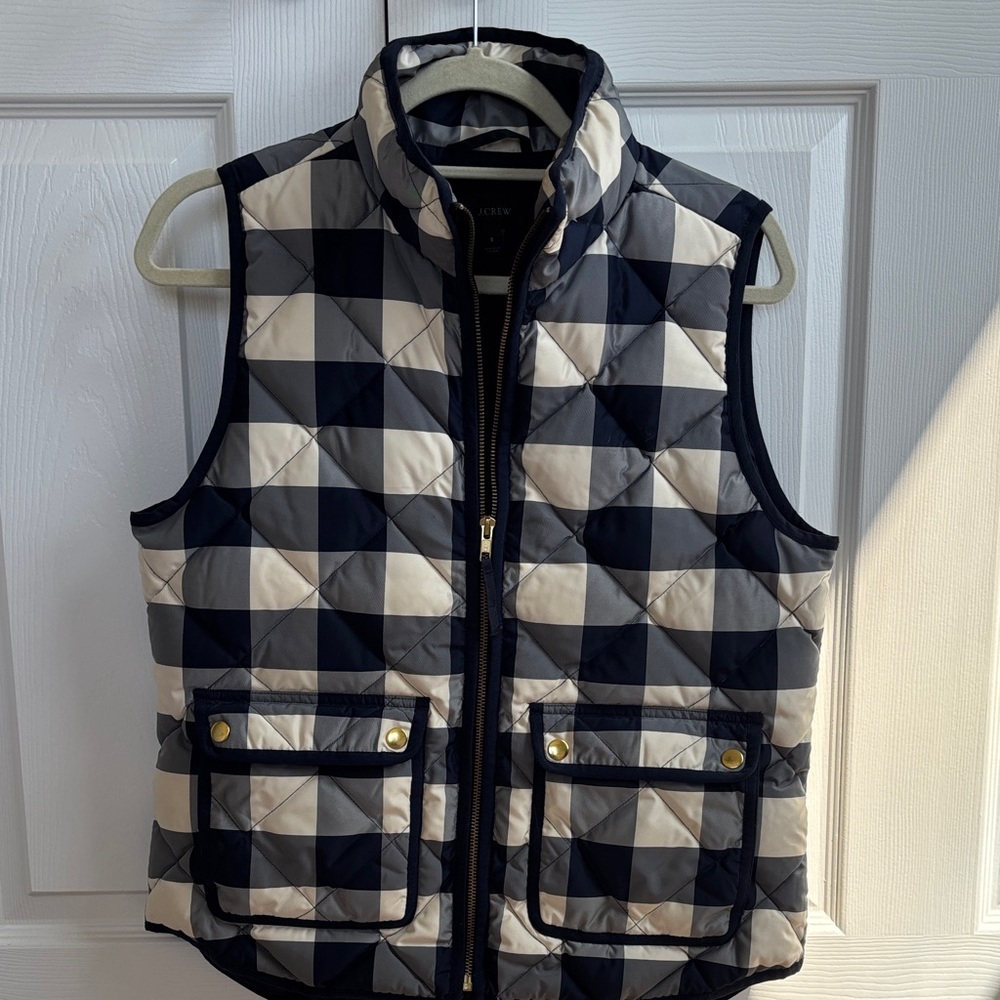 J.Crew Navy and Cream Quilted Buffalo-Check Puffer Vest